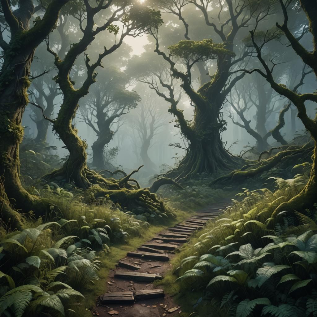 Misty Forest Path: Detailed Fantasy Concept Art