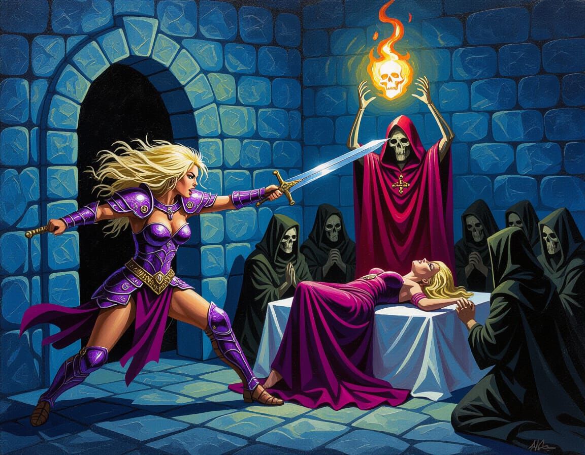 Warrior Interrupts Dark Ritual as Impasto Gouache Painting