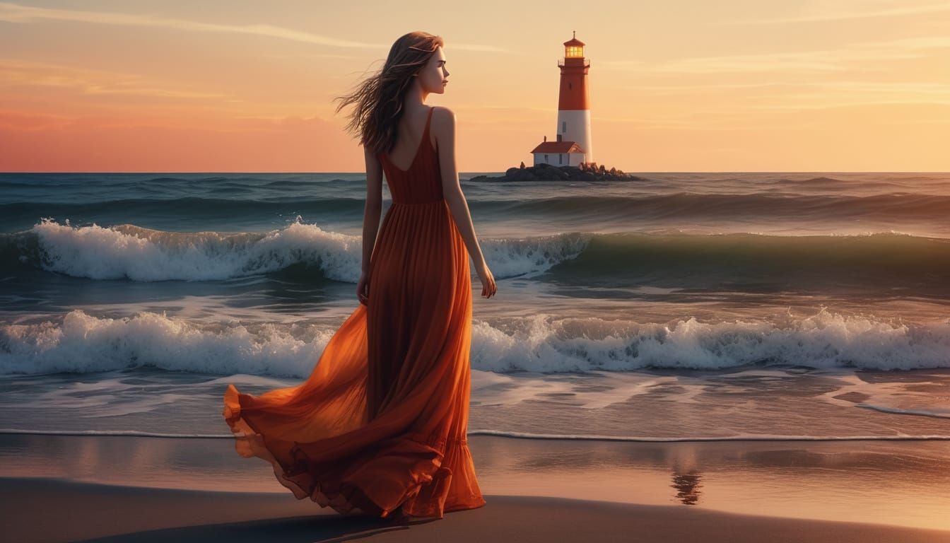Warmly Lit Woman Stands Near a Weathered Lighthouse