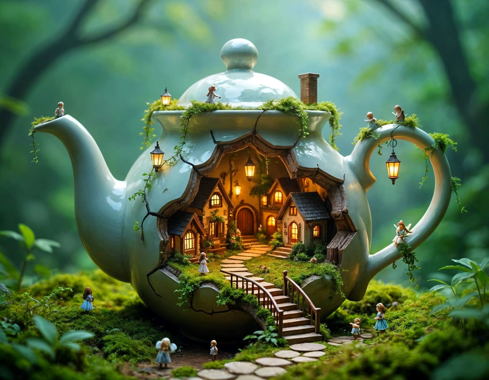 Magical Village Inside Cracked Teapot with Fairies