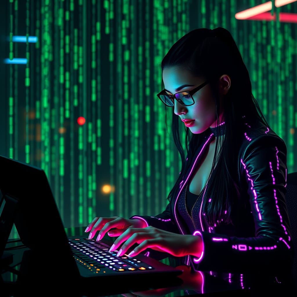 Cyberpunk Woman Typing Code in Neon-Lit Cityscape