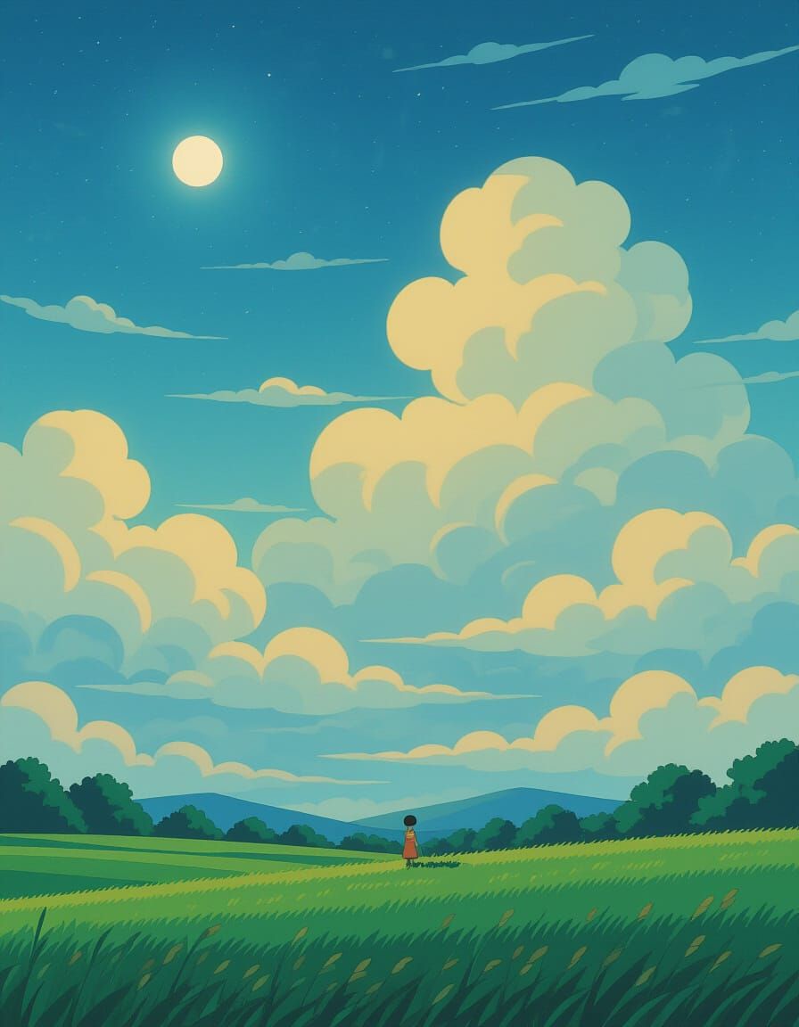 Vintage Anime Night Sky with Drifting Clouds