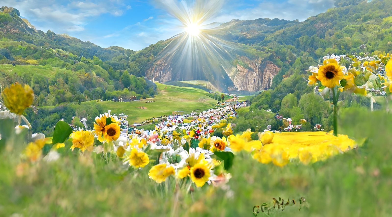 Flower-Filled Valley in Romantic Sunlight