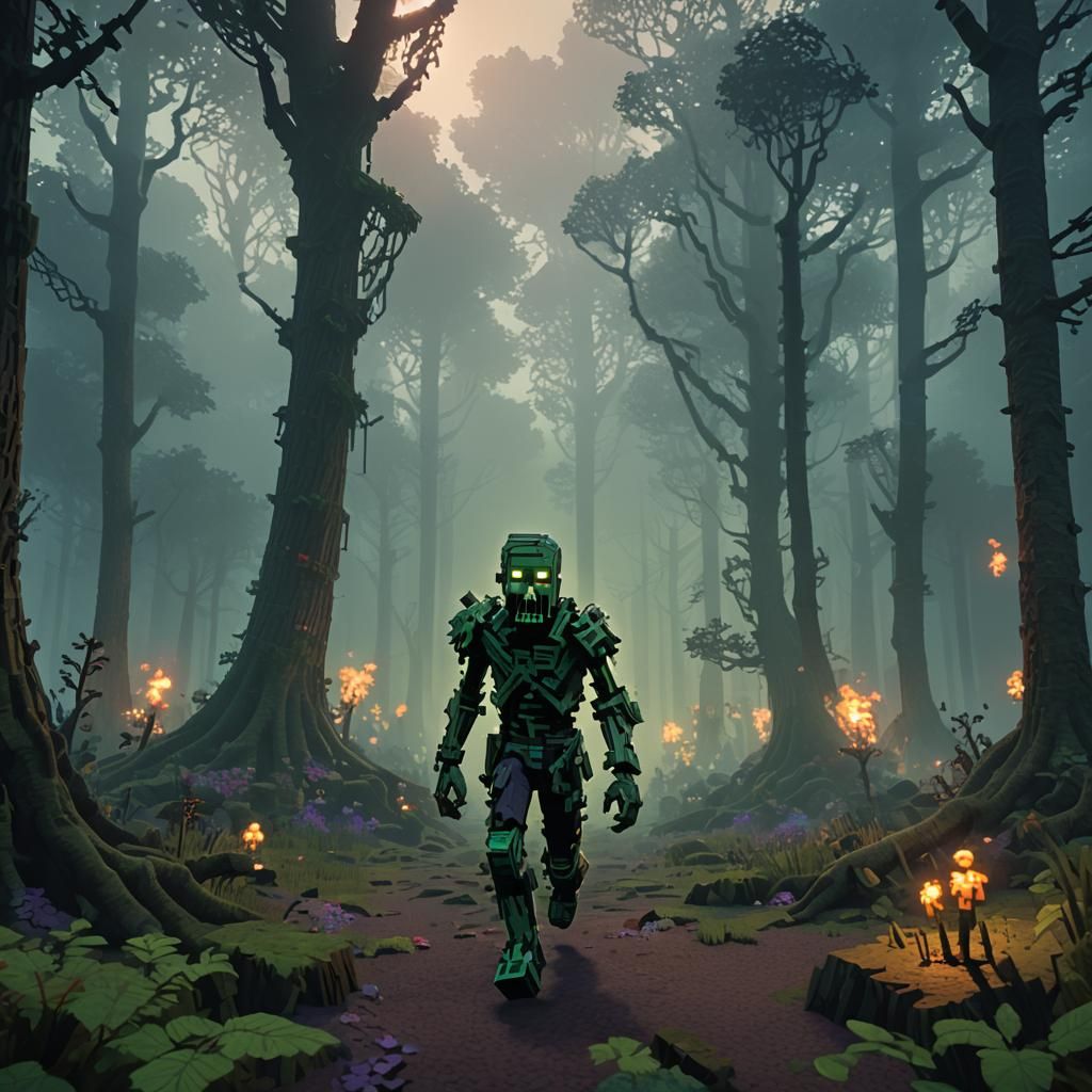 Minecraft Zombie in Eerie Forest: Matte Painting