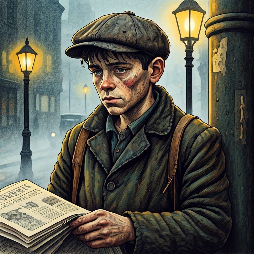 Gritty Street Urchin Selling Newspapers in Early Morning Mis...