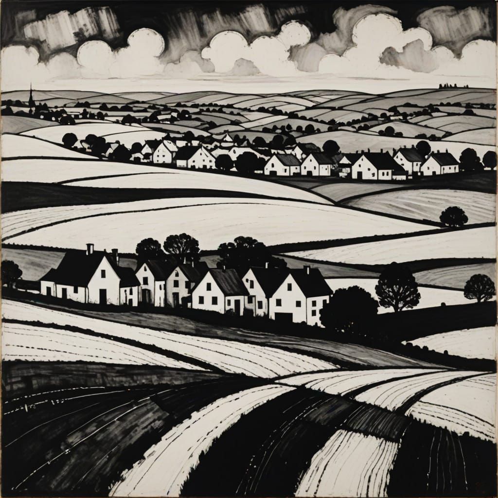 Black and White Expressionist Farmland Scene