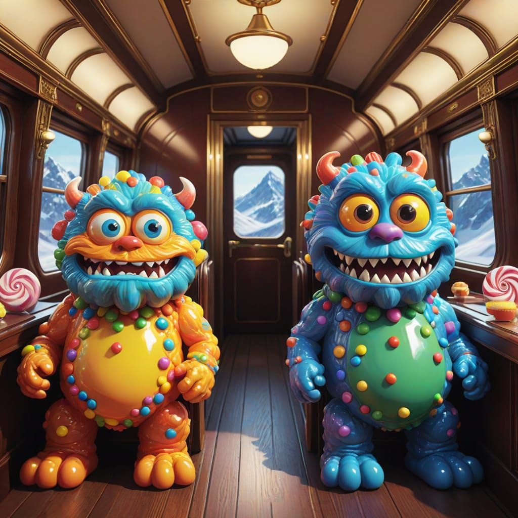 Surreal Candy Creatures Ride the Orient Express in Bright, W...