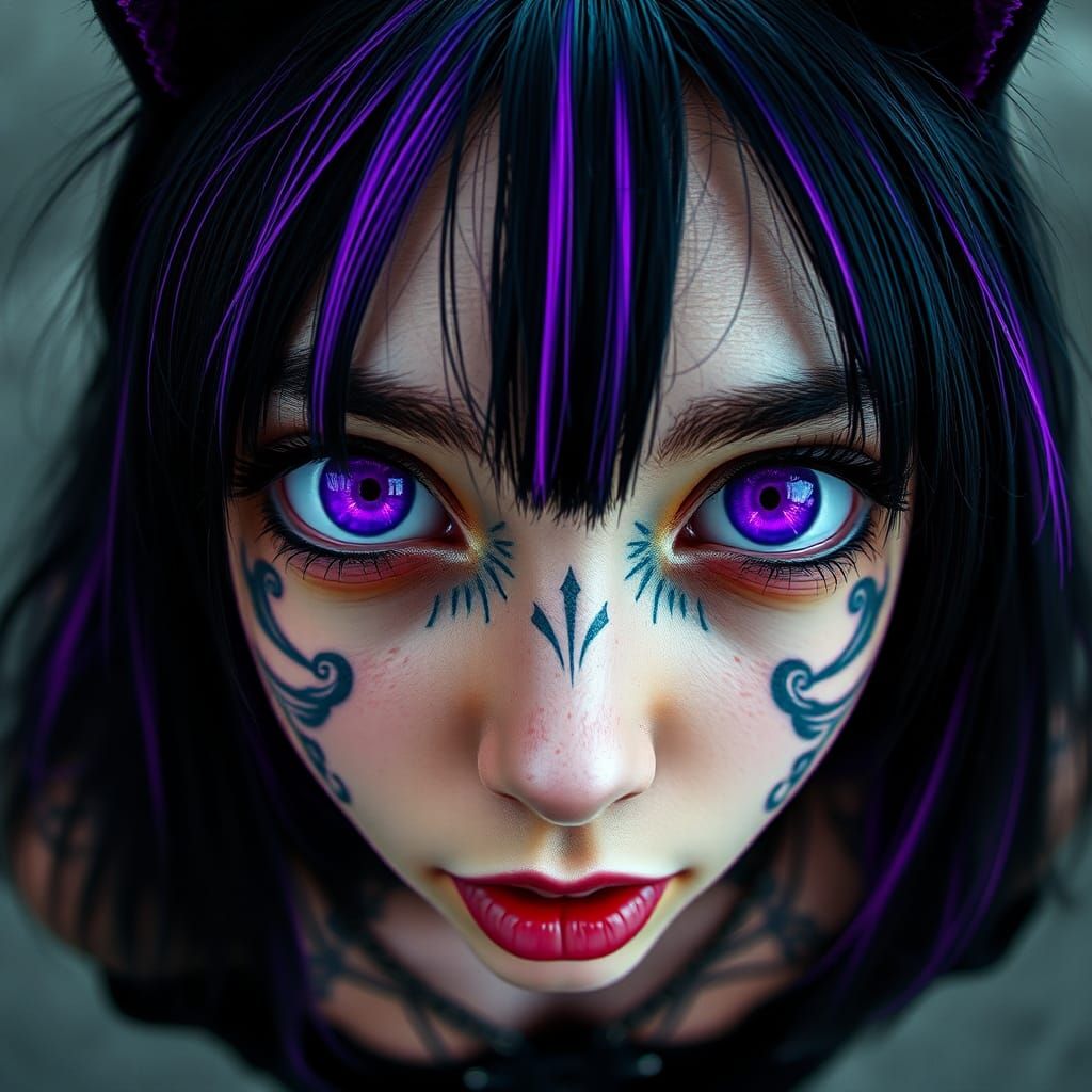 Cyberpunk Girl with Purple Eyes, Gothic Art Style