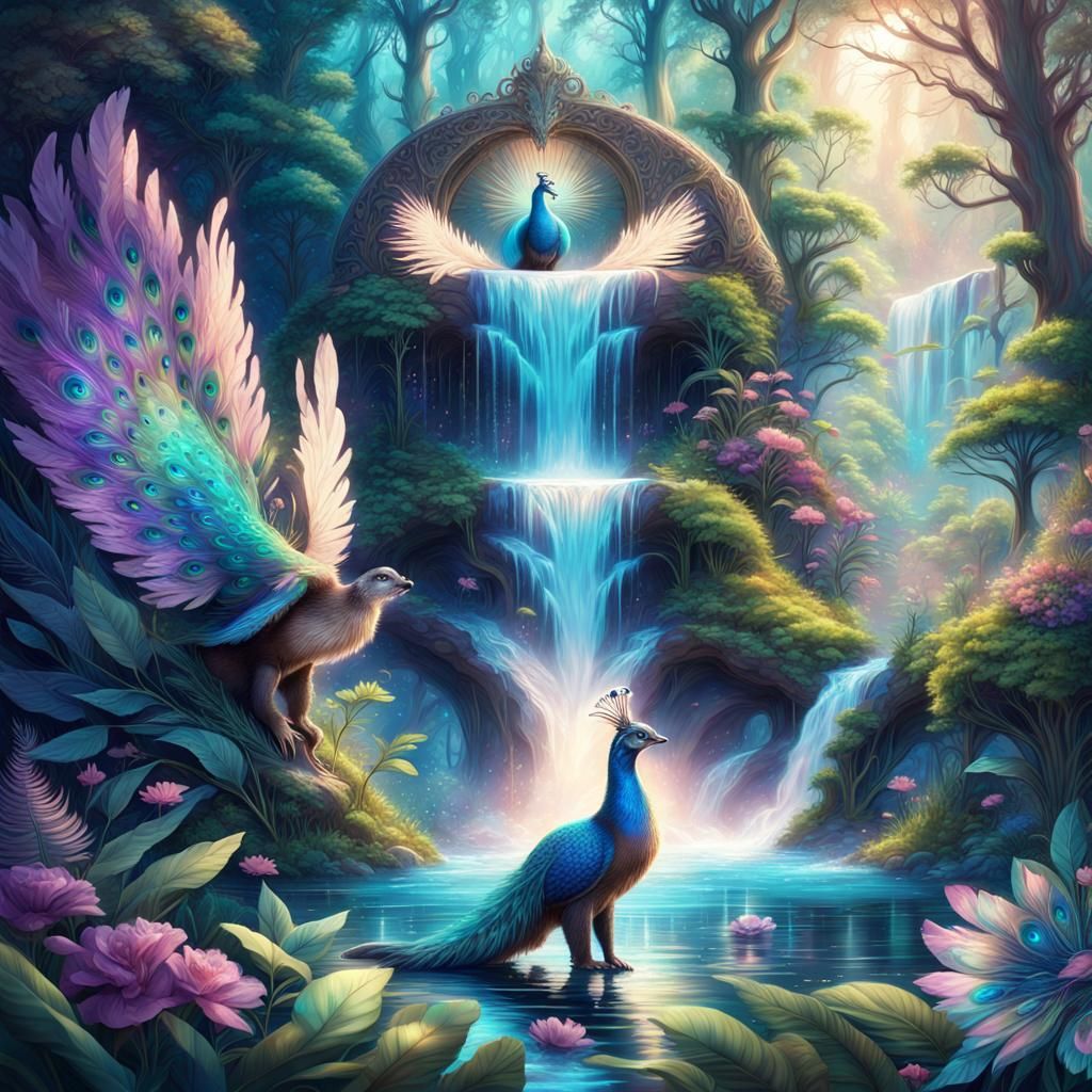 Magical Otter-Peacock Hybrid in Enchanted Forest