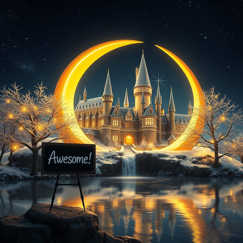 Surreal Fantasy Scene with Hogwarts Castle at Crescent Moon'...