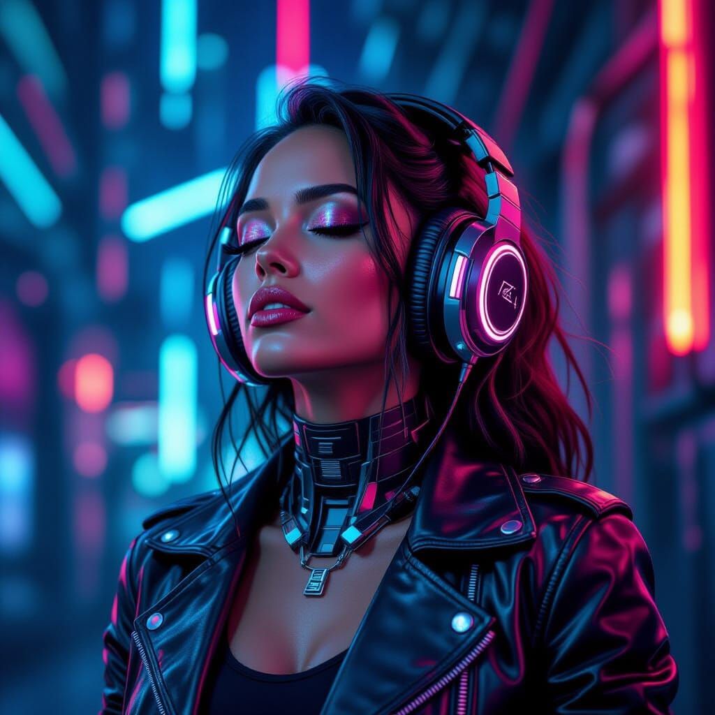 Cyborg Woman in Cyberpunk Neon Bliss