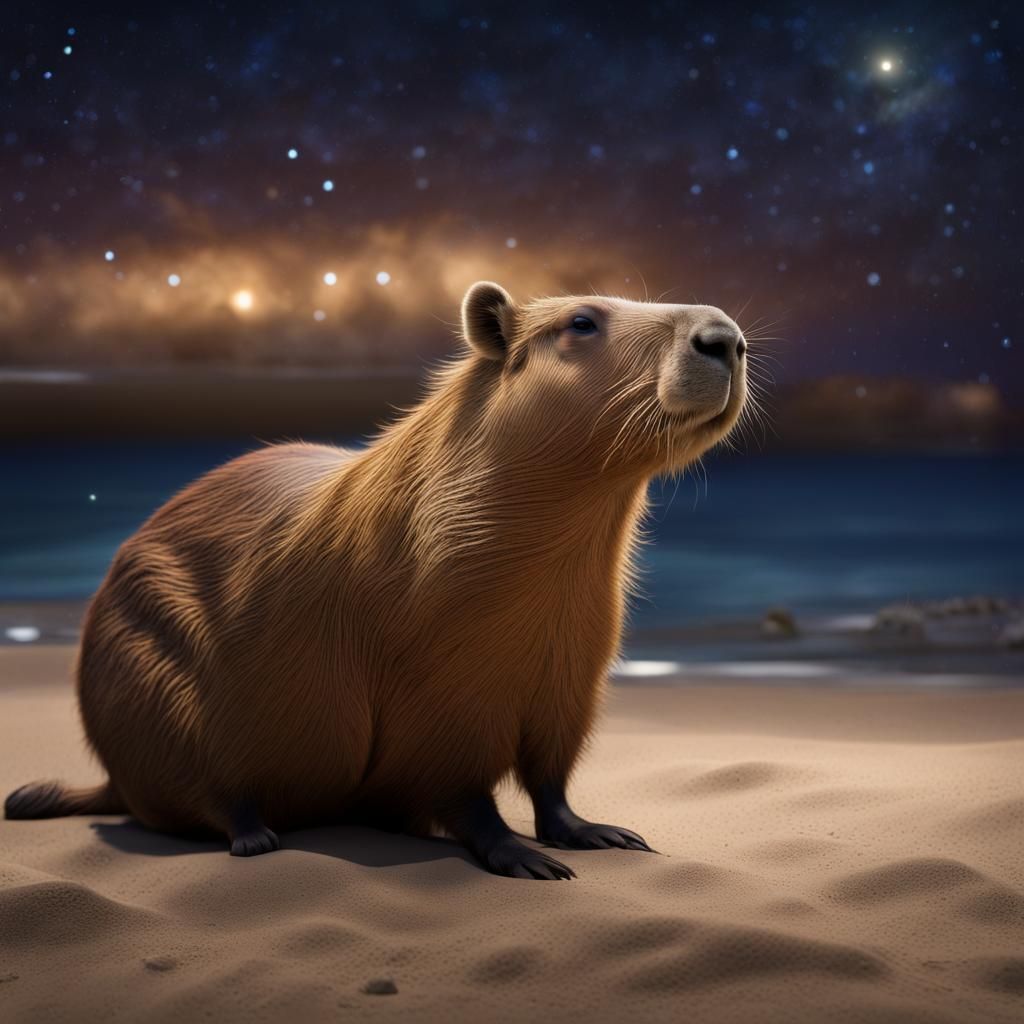 Capybara Gazing at Starry Night Sky