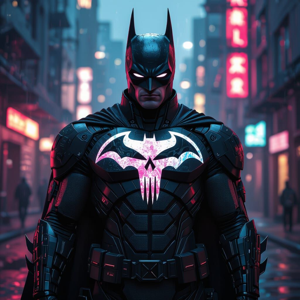 Bat-Punisher in Cyber-Gothic Cityscape with Neon Details