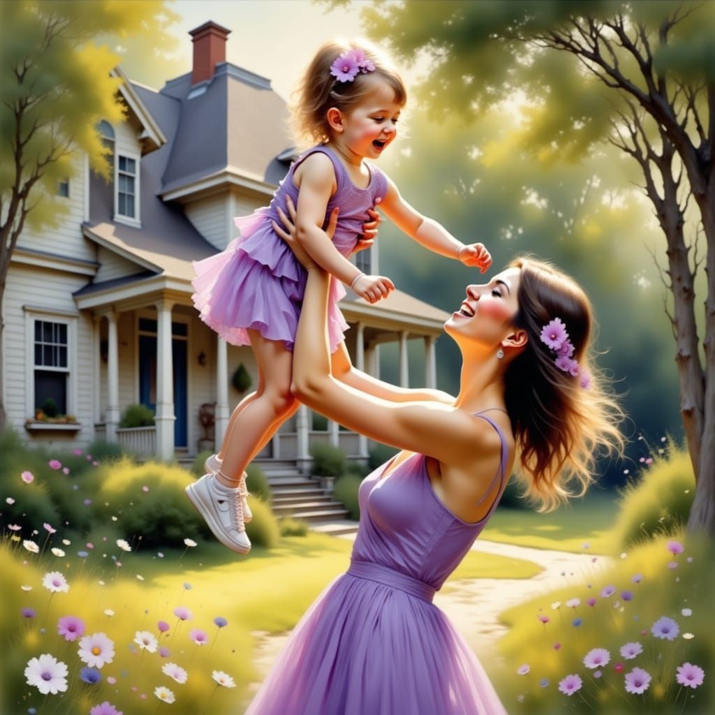 Mother's Joyful Moment in a Peaceful Country Setting