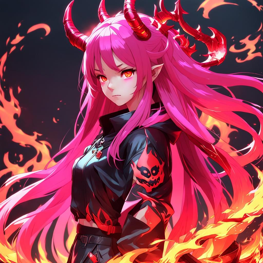 Fiery Demon Woman in Hot Pink Anime Style