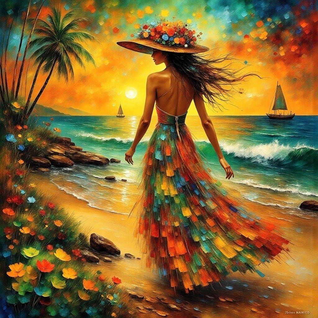 Woman in Elegant Dress on Beach in Pop Art Style