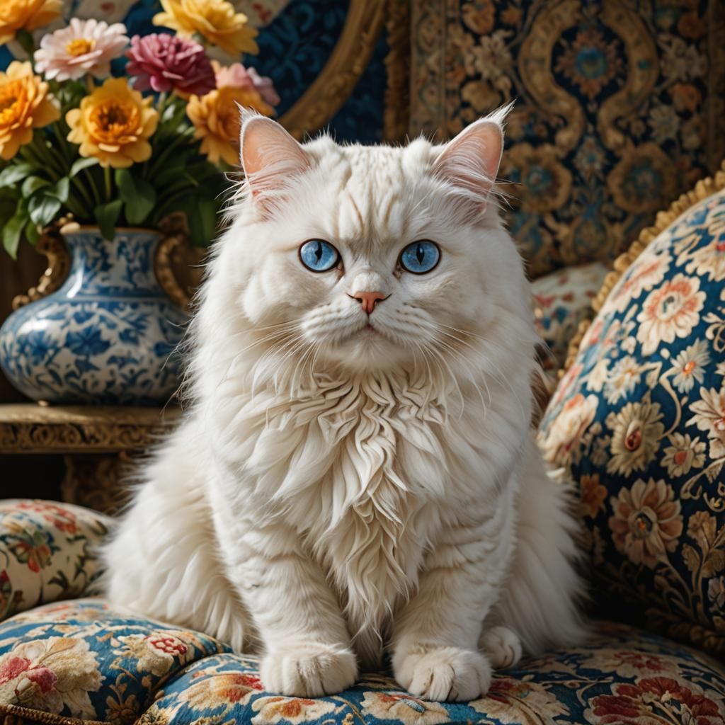 Majestic White Persian Cat on Floral Cushion