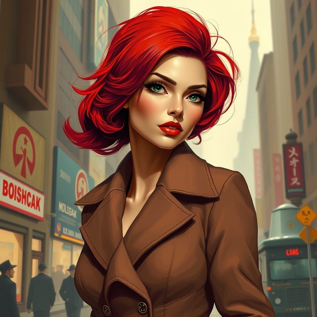 Elegant Woman in Sovietpunk Cityscape Art