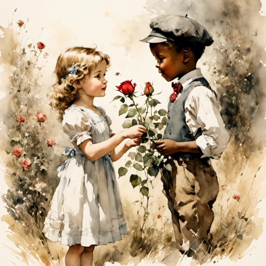 Boy Gives Rose to Girl: Fairytale Sketch