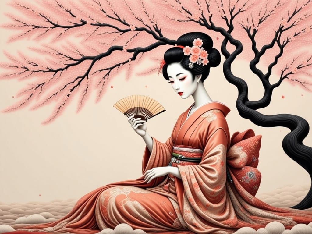 Geisha in Cherry Blossom Tree, Traditional Japanese Art