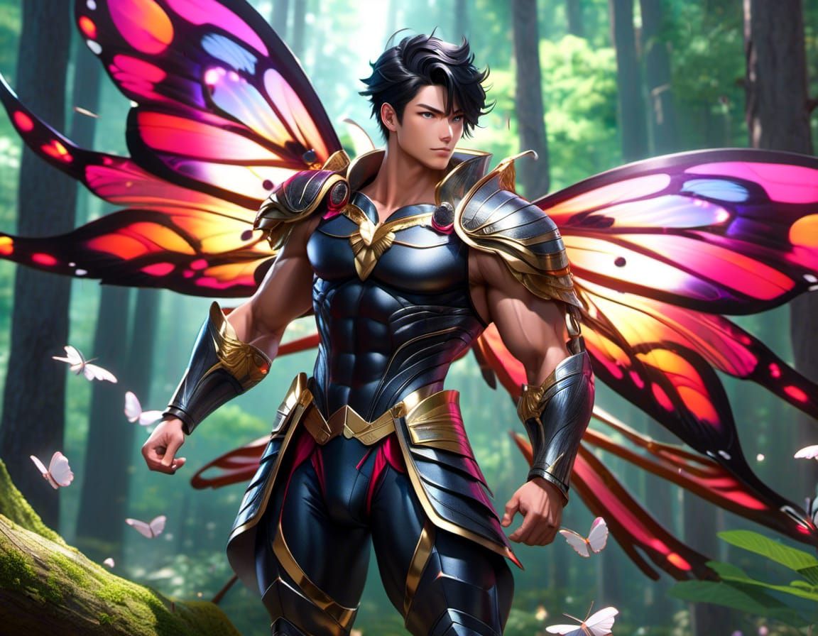 Man with Butterfly Wings in Forest: Detailed Portrait