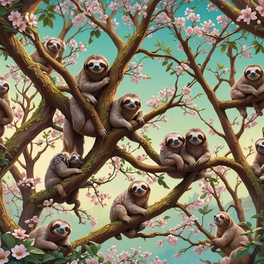 Sloth Family in Cherry Tree: Matte Painting