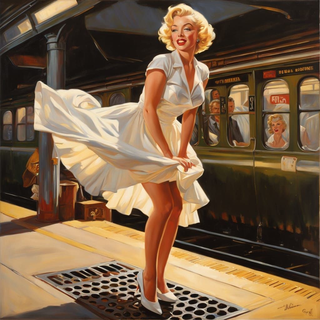 Retro Oil Painting of Woman on Subway Grate