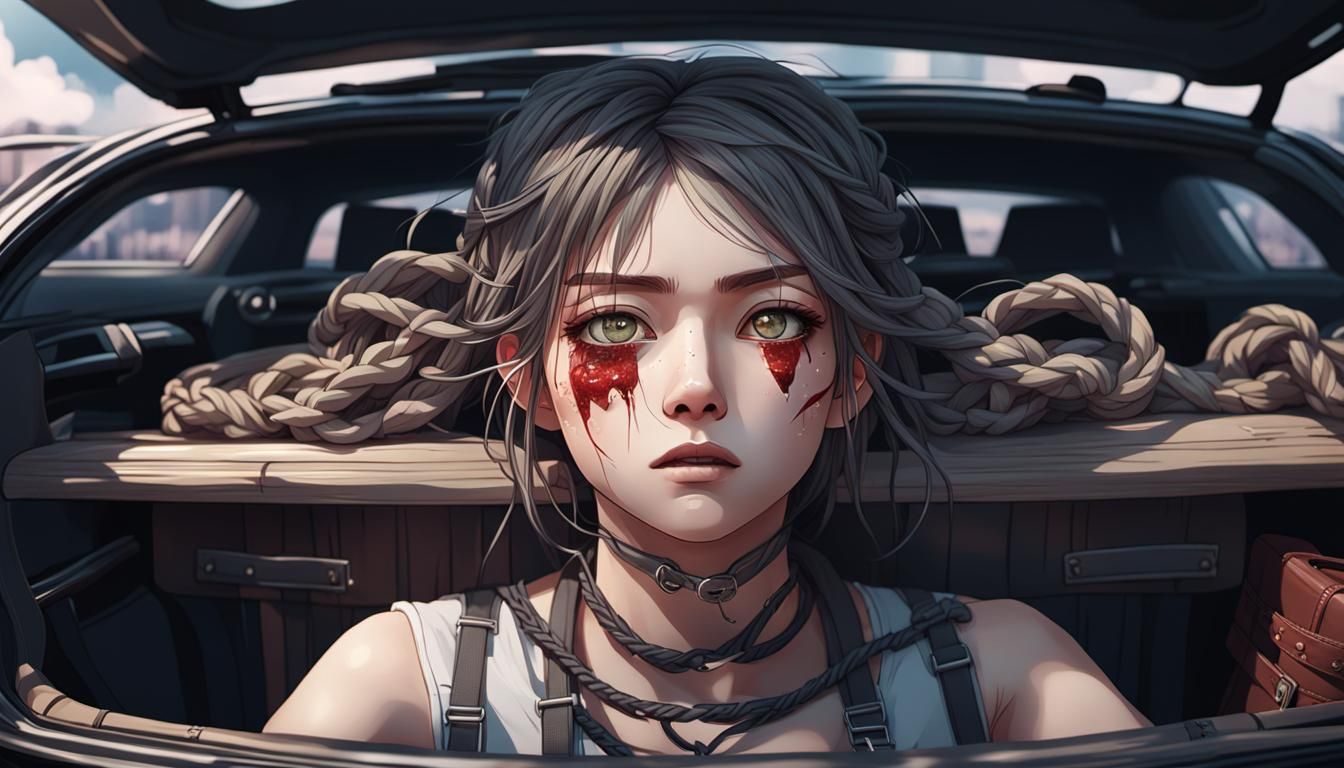 Terrified Woman in Car Trunk: 3D Anime Art