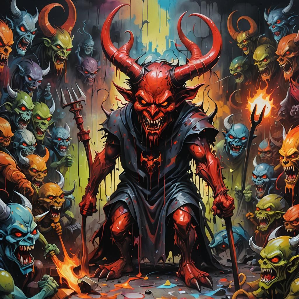 Menacing Devil in Gloomy Lair: Graffiti Art