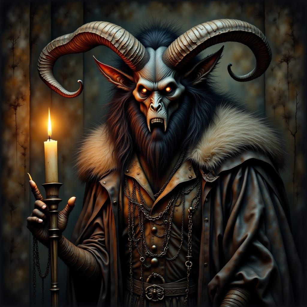Gothic Krampus Portrait with Chains and Dim Candlelight