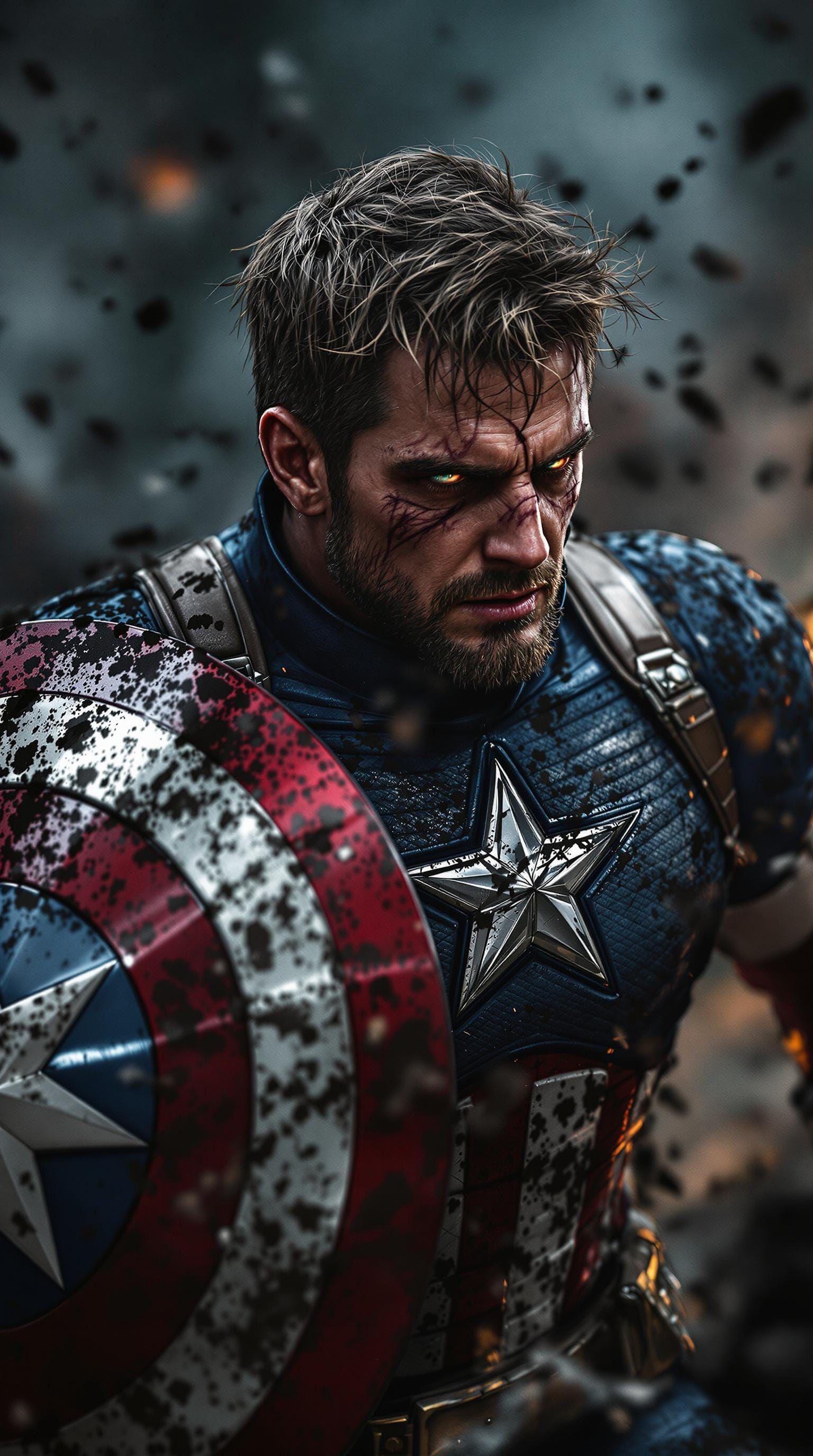 Exhausted Captain America in Intense Battle Scene, Ultra Rea...