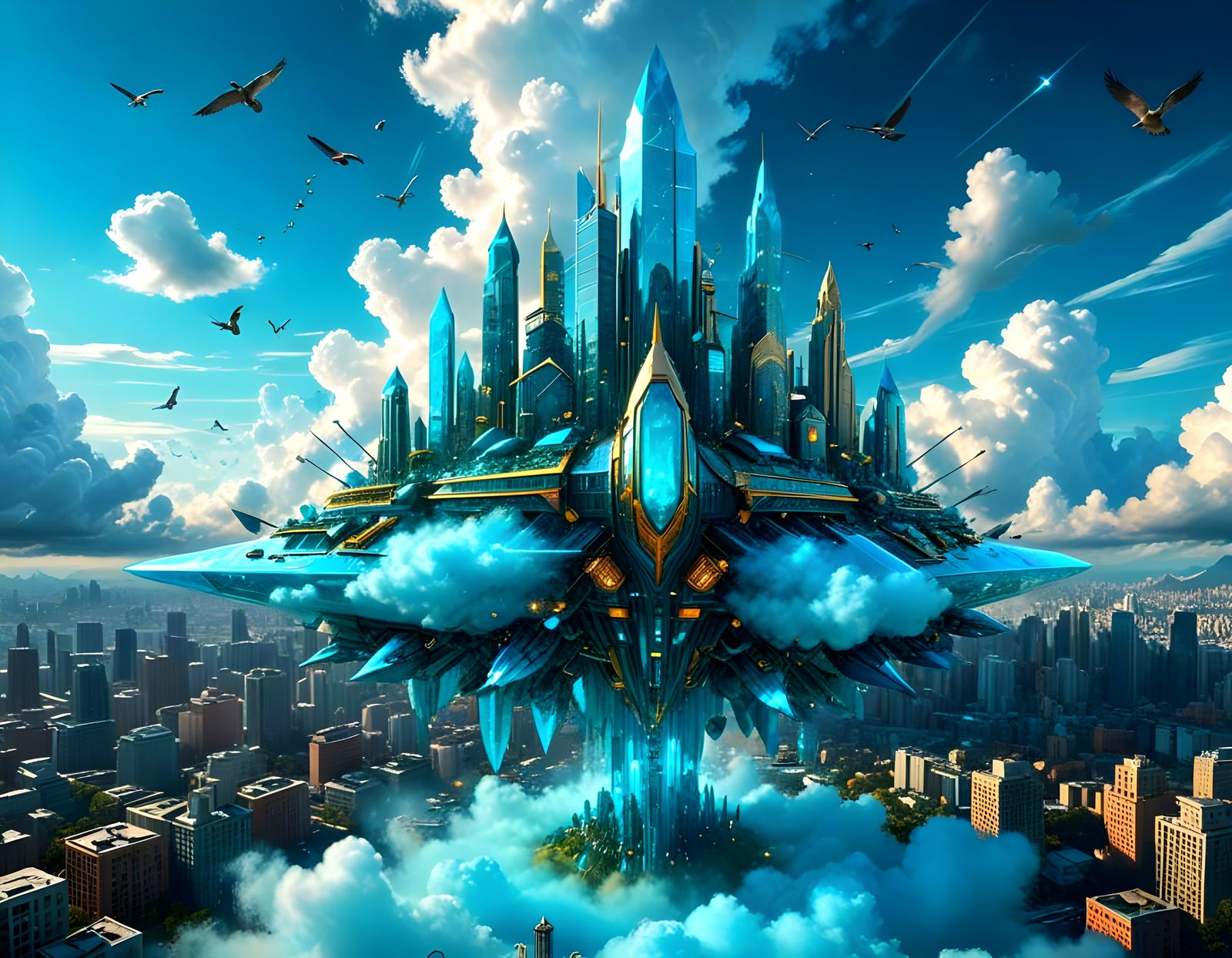 Futuristic Turquoise Metropolis Ascends in Cel-Shaded Style