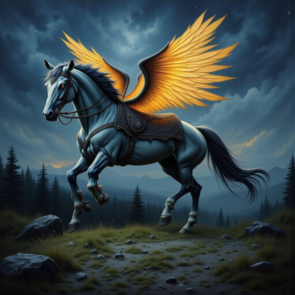 Winged Horse Soaring Through the Night Sky