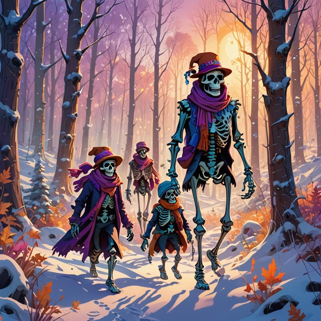 Skeletons Wander Snowy Forest in Cartoon Style