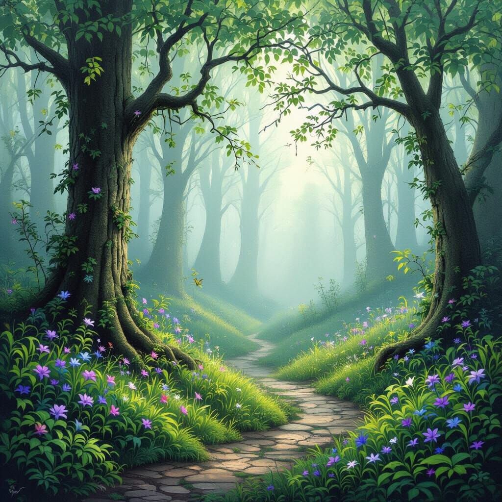 Enchanted Forest with Mist in Ethereal Style
