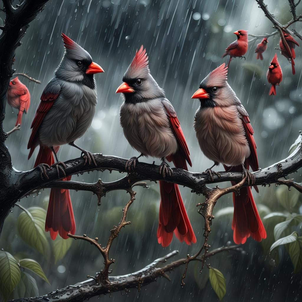 Silver and Black Cardinals in Rain: Detailed Matte Painting