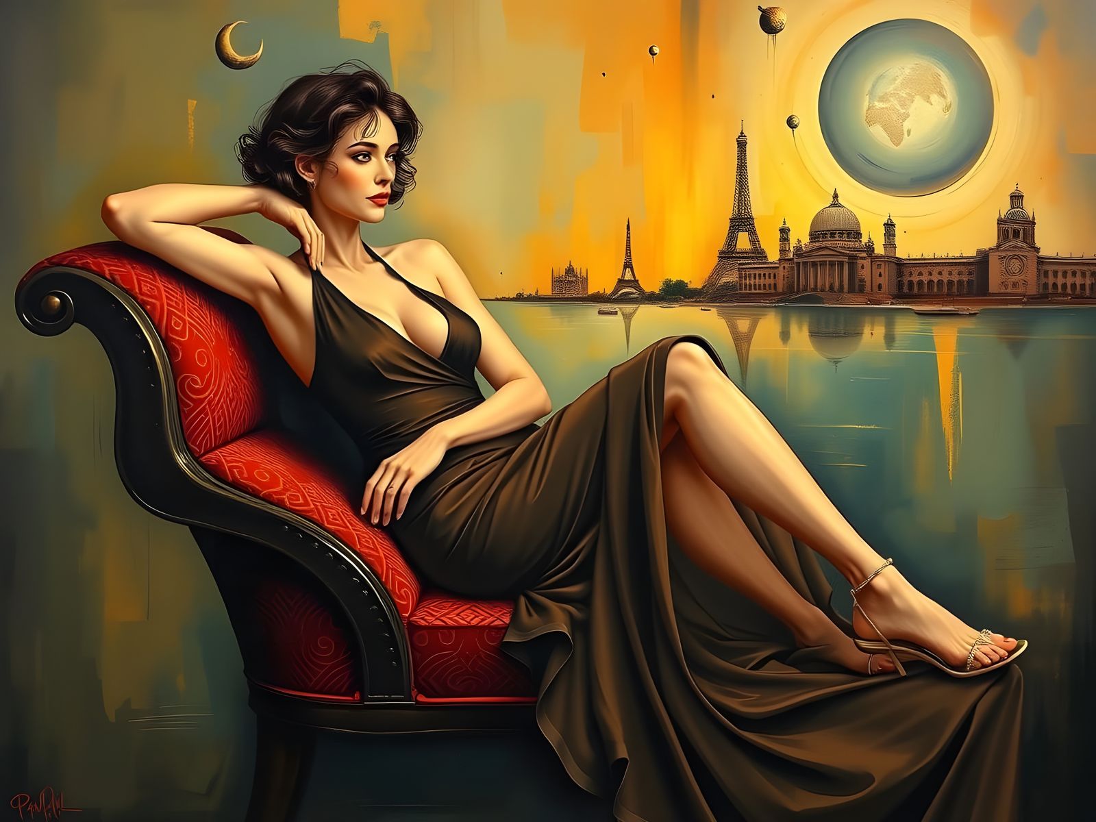 Elegant Woman in Surreal Art Deco Dreamscape