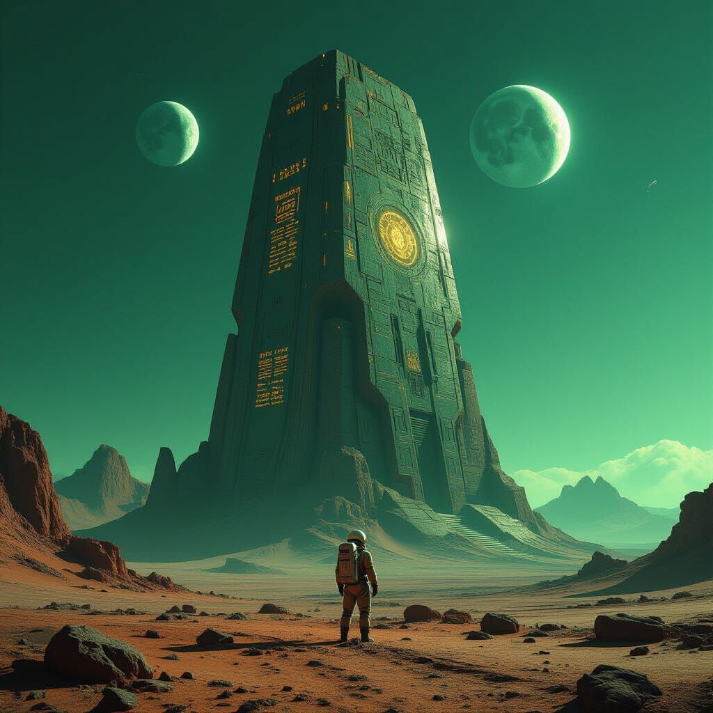 Astronaut and Alien Structure on Barren World