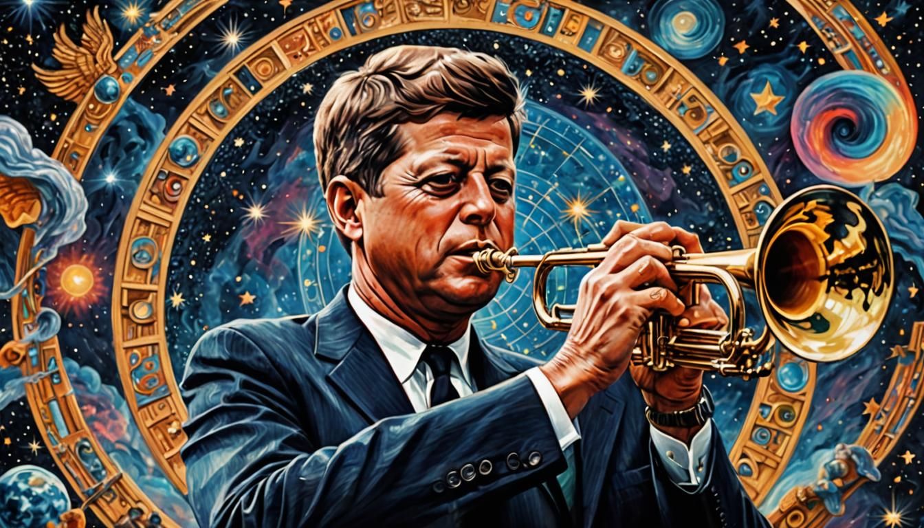 JFK Playing Trumpet in Cosmic Hologram Style