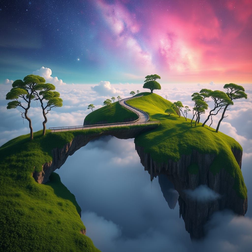 Ethereal Isles Connected by Jewel Bridge in Cosmic Expanse