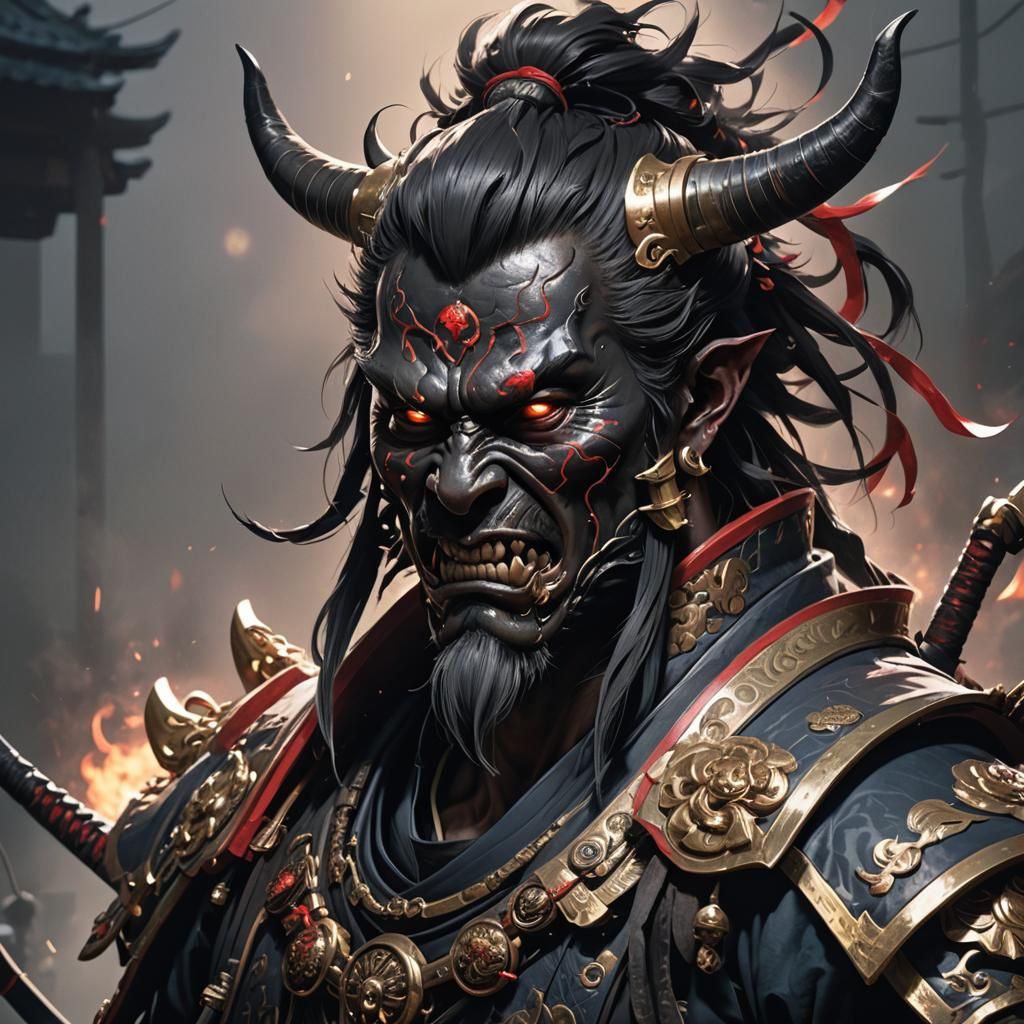 Cursed Oni Samurai Portrait in Dark Concept Art