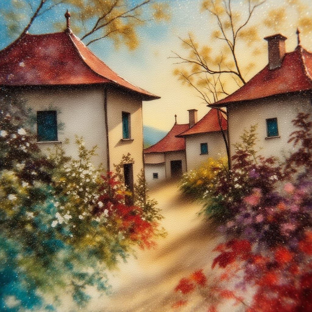 Old Village Sunrise in Neo-Impressionist Style