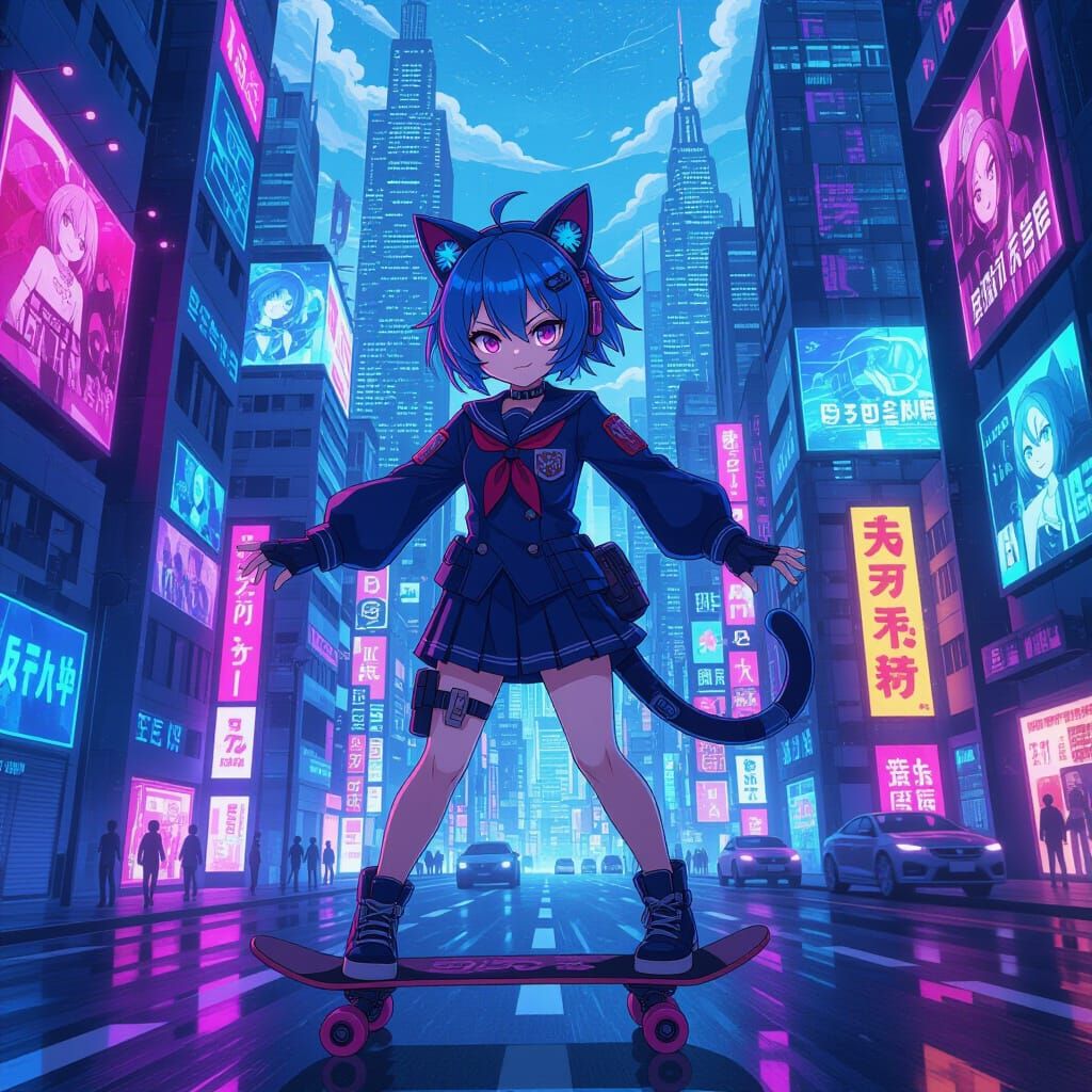 Cyberpunk Anime Girl Skateboarding in Neon Cityscape