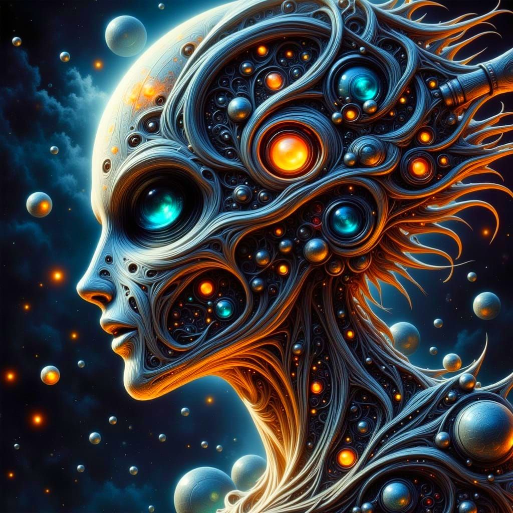 Ethereal Woman Surrounded by Futuristic Spaceships in a Surr...