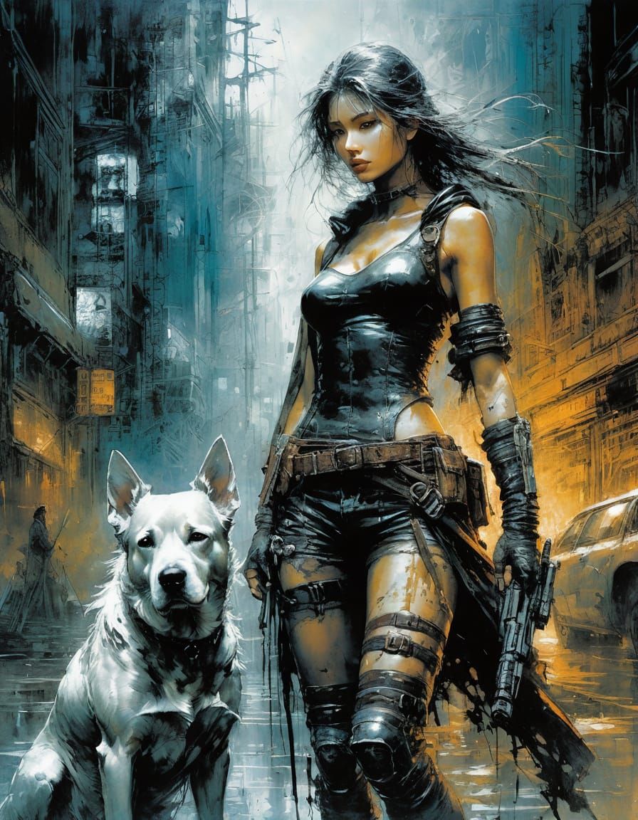 Girl and Dog in Abstract Comic Book Style