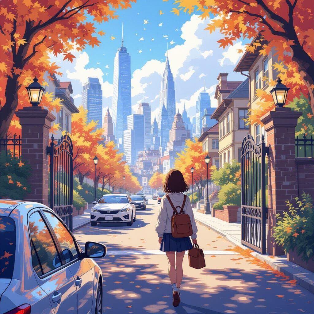 Girl Arrives at School Amidst City Skyscrapers