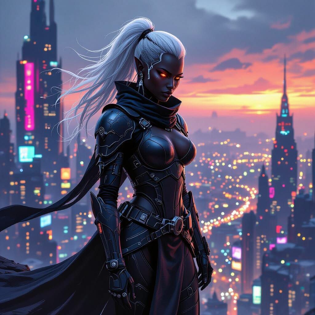 Drow Warrior Over Cyberpunk City in Dark Fantasy Style