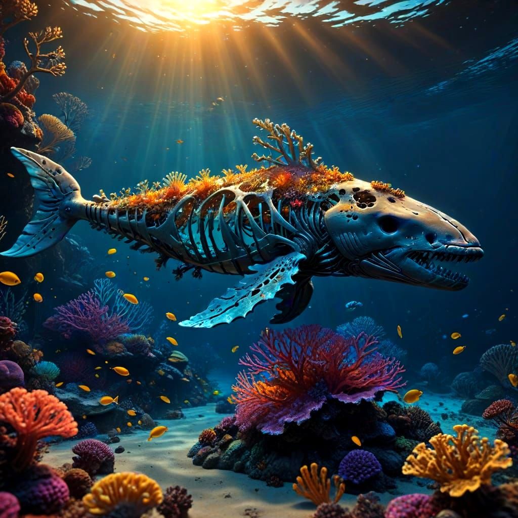 Skeletal Whale Explores Vibrant Coral Reef