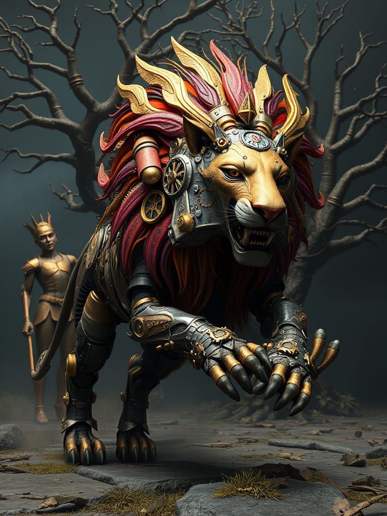 Steampunk Mechanical Lion Gallops Forward