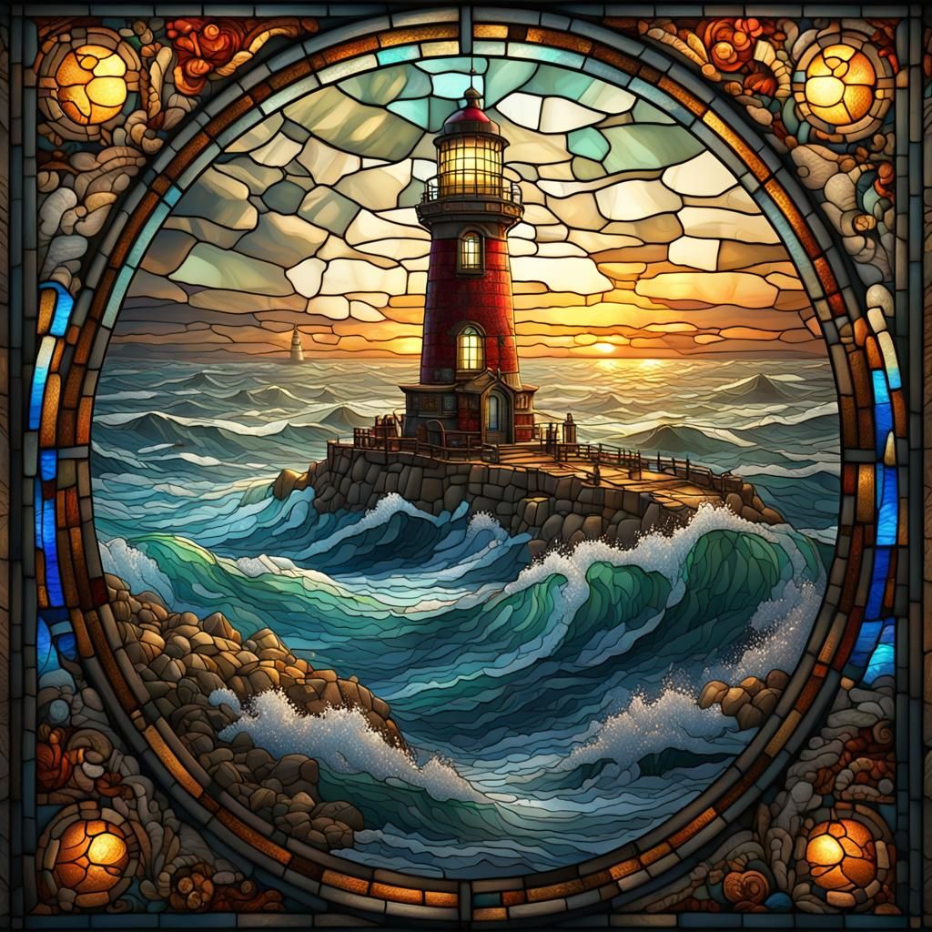 Vibrant Stained Glass Lighthouse on Rough Seas